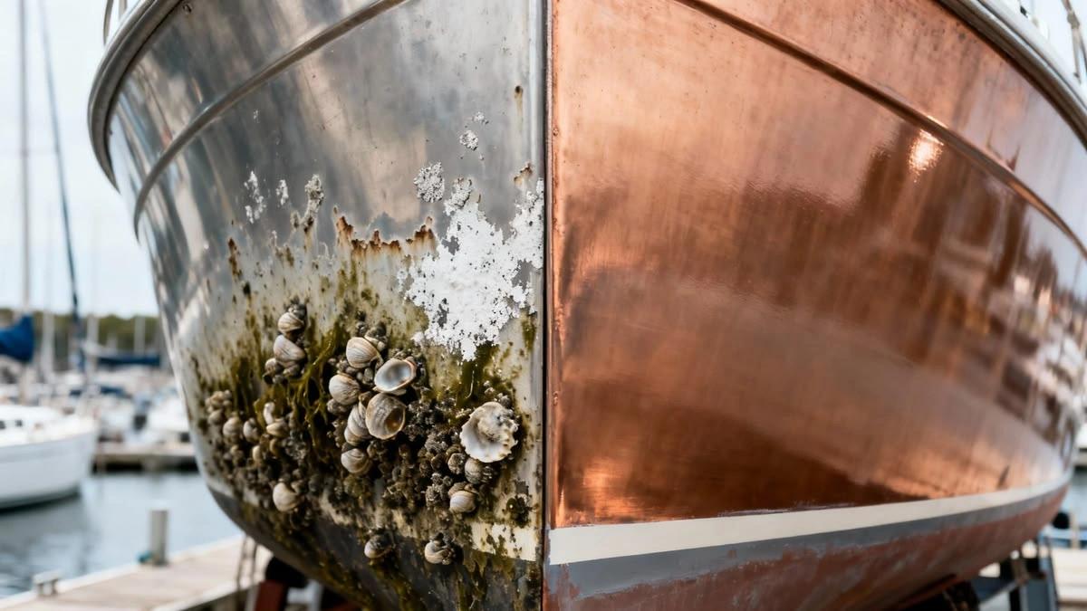 Entretien de bateau à Île-Rousse en Balagne avec coque encrassée de moules et algues marines